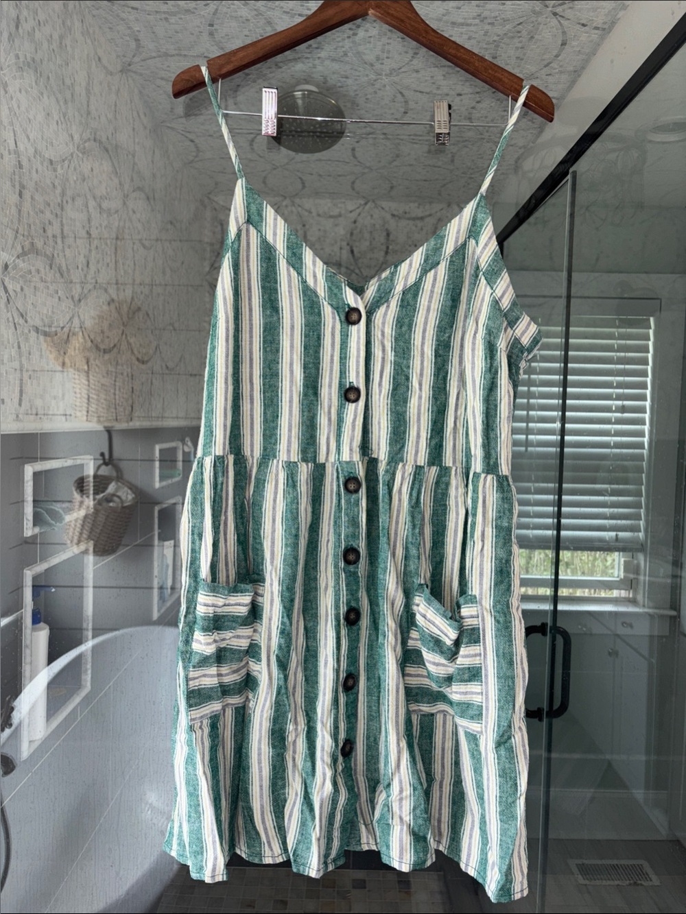 Striped Green and White Button-Front Mini Dress